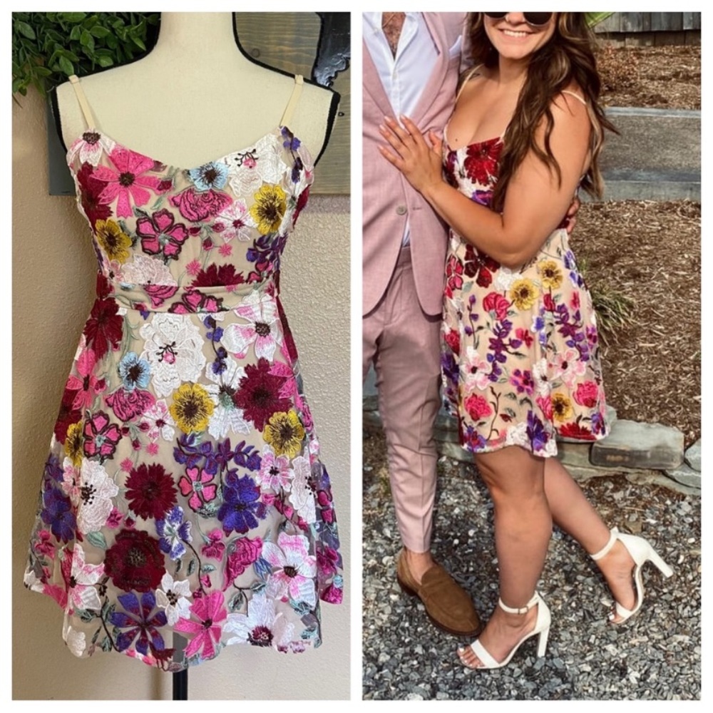 Lulus Garden Grandeur Beige Floral Embroidered A-Line Mini Dress
